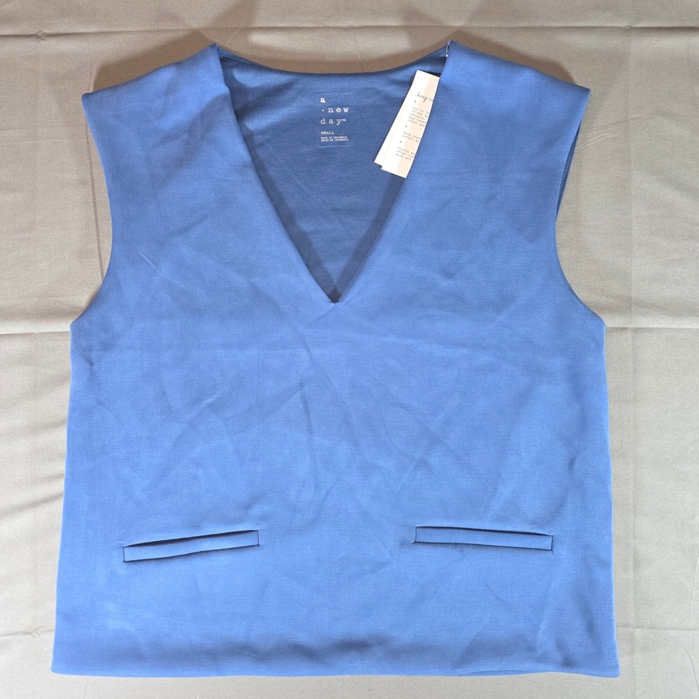 A New Day Blue V-Neck Sleeveless Vest Top Pockets 5GYWW8 Small NWT